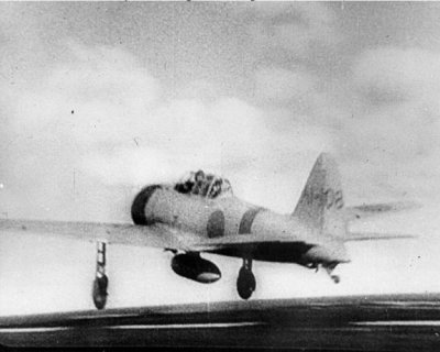 A Japanese Navy "Zero" fighter (tail code A1-108) takes off from the aircraft carrier Akagi, on its way to attack Pearl Harbor during the morning of 7 December 1941.